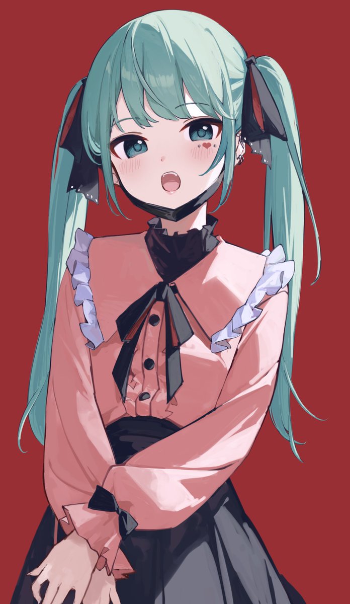 hatsune miku 1girl solo jirai kei twintails red background mask skirt  illustration images