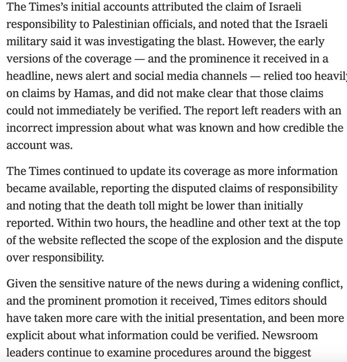 NYT has published an 'editors' note' on its Gaza hospital coverage. says it 'relied too heavily on claims by Hamas, and did not make clear that those claims could not immediately be verified' nytimes.com/2023/10/23/pag…