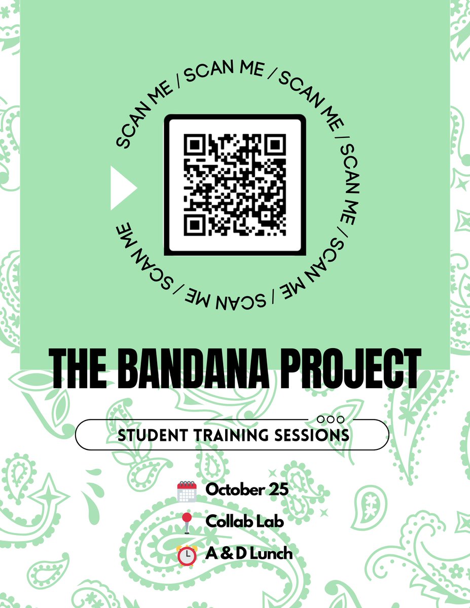 The Bandana Project is back... Sign up for our first student training session of the year this Wed during A &amp; D lunch! <a href="/TheBandanaProj/">The Green Bandana Project</a> #mentalhealthmatters
