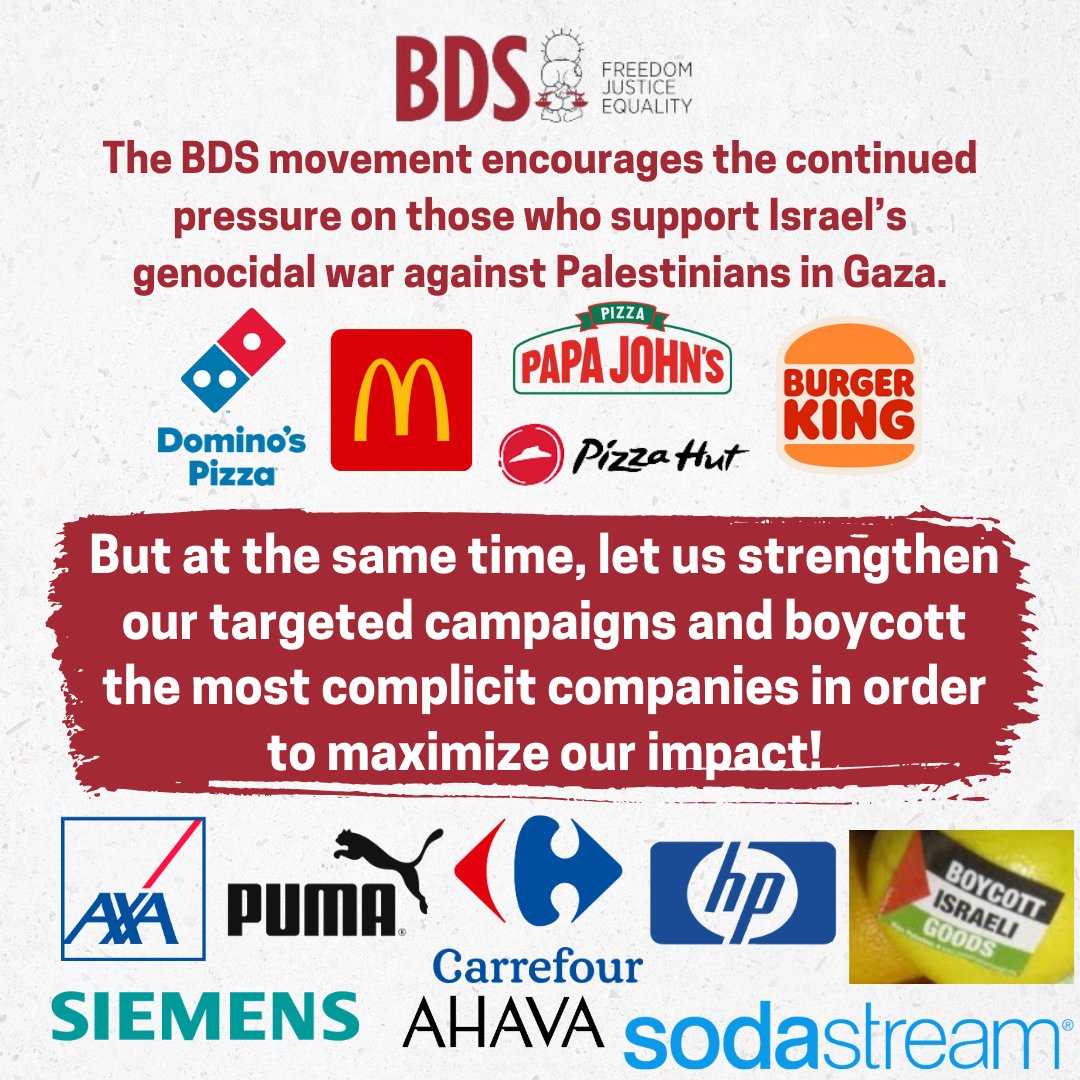 Many companies are complicit in Israel’s genocidal war against 2.3 million Palestinians in Gaza. All peaceful popular efforts, including boycott and divestment, to hold these entities accountable for their support of Israel’s crimes against Palestinians are justified.

#BDS