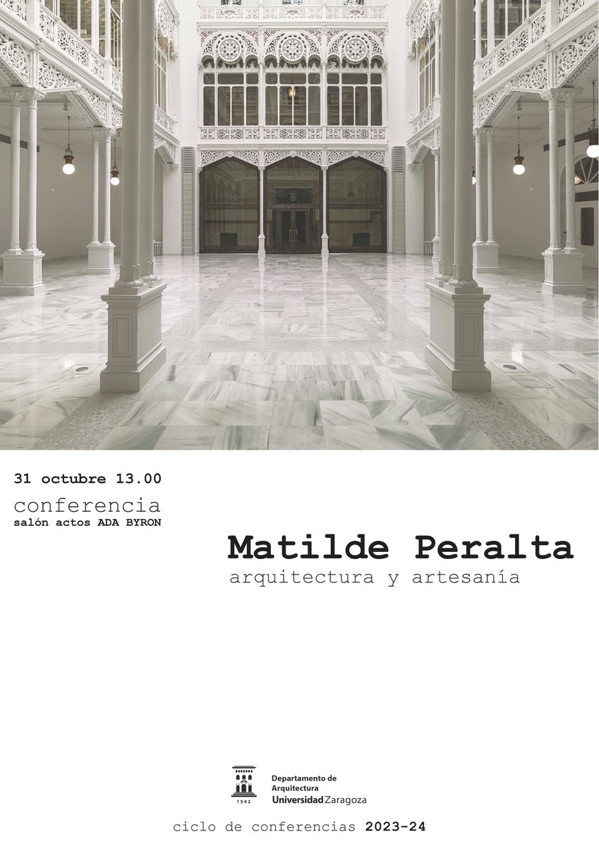 El próximo martes, 31 de octubre, tendrá lugar la conferencia a cargo de la arquitecta Matilde Peralta del Amo, con el título "Arquitectura y artesanía". Será a las 13h en el salón de actos del edificio Ada Byron