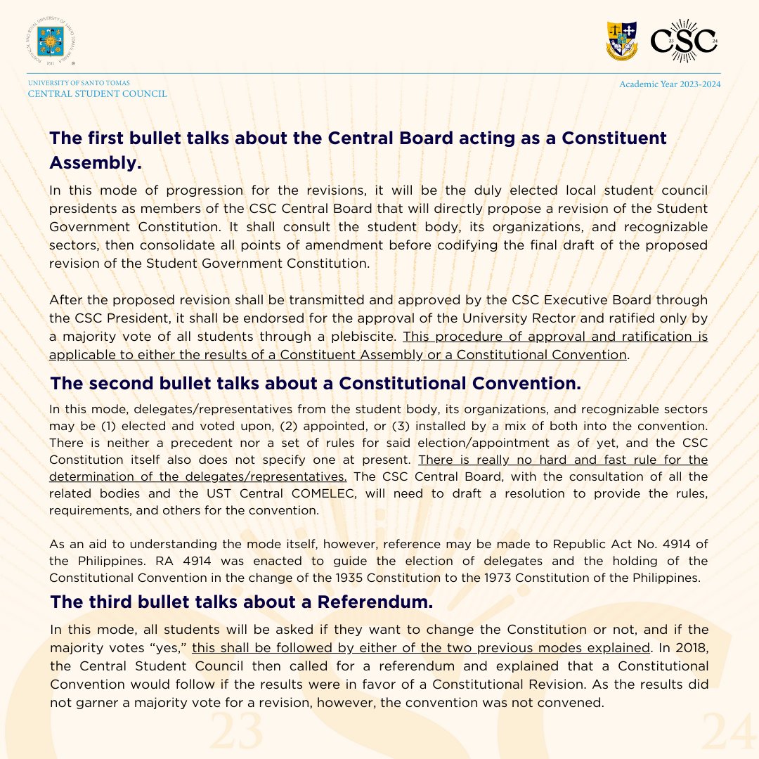 ust_csc's tweet image. 𝐂𝐨𝐧𝐬𝐭𝐢𝐑𝐞𝐯 𝐄𝐱𝐩𝐥𝐚𝐢𝐧𝐞𝐝 #𝟏
While CSC is on its journey to pursue the Constitutional Revision, we’d like to help you Thomasians understand the meaning of the following terms; Constitutional Assembly, Constitutional Convention, and Referendum.

#EmbracetheDawnwithCSC
