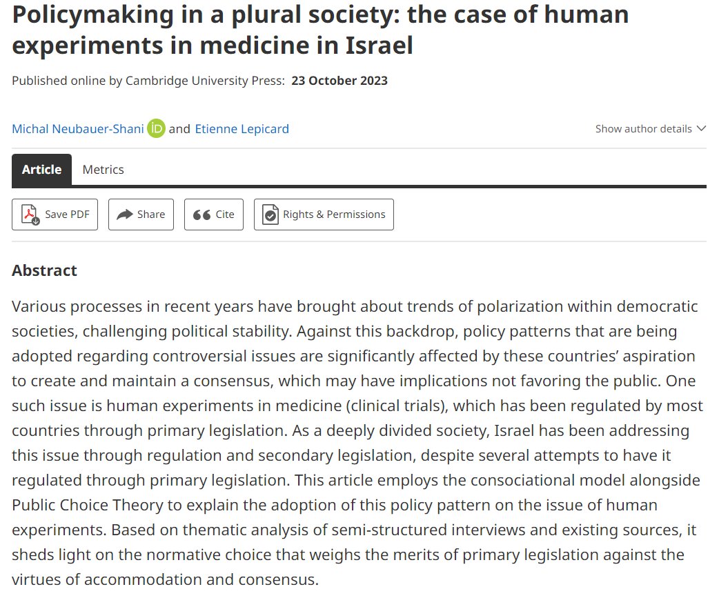 A new interesting article by Michal Neubauer-Shani and Etienne Lepicard is now available on our FirstView page. It is entitled 'Policymaking in a plural society: the case of human experiments in medicine in Israel'. Enjoy it here: rb.gy/fu1o3
