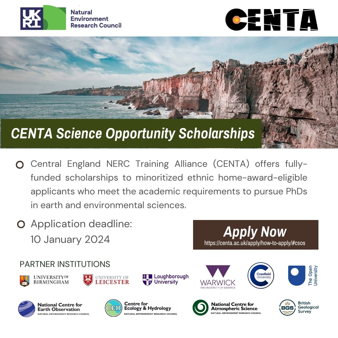 Are you a Minoritised Ethnic student who is interested in doing a fully-funded PhD in Geography, Environmental or Earth Science? Check out the CENTA Science Opportunity Scholarship Scheme 🚨Deadline 10th January 2024🚨: centa.ac.uk/apply/how-to-a… #PhDOpportunities #PhDScholarships