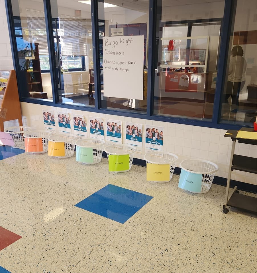 Bingo prize donation baskets can be found inside the main doors next to the front office.