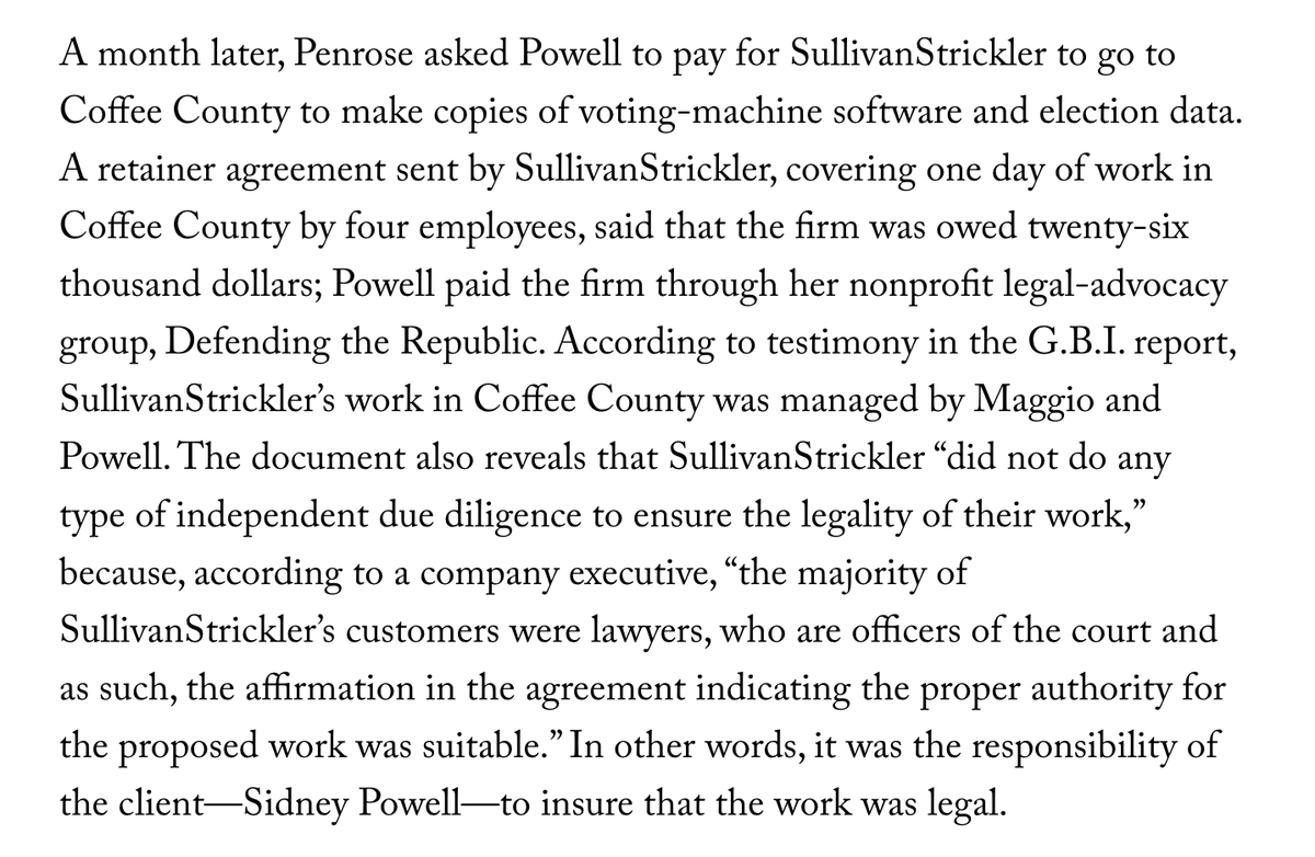 Incredible detail about data-forensics firm SullivanStrickler's professional negligence in this story about Sidney Powell and the Coffee County election system breach, based on a newly disclosed investigative report. newyorker.com/news/news-desk…