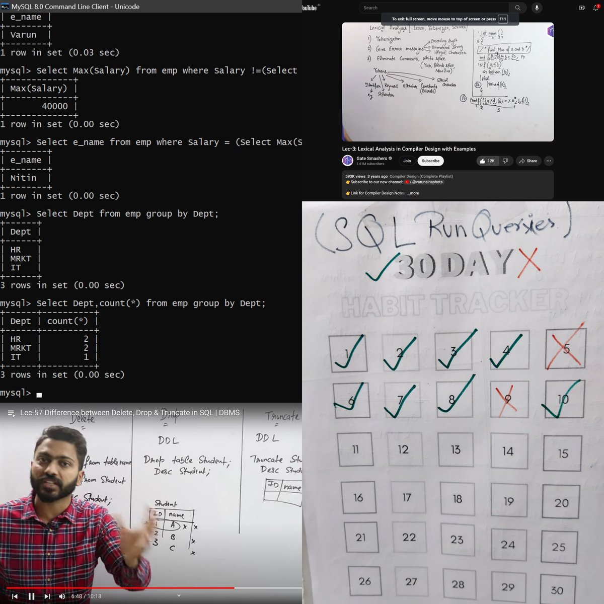 Sahilsher2710's tweet image. Day 81 of #100DaysOfCode
In #StriversA2ZDSA
> Revise 4 to 5 problems
>Solve 1 new problem on #codingNinja
In #SQL:
>Revised previous lec.
>Watch new LEC.
>run Quiry
8 days of
#5OdaysofwordPowerMadeEasy
Revise all 3 sessions
#Gate preparation :
Watch 2 lecture