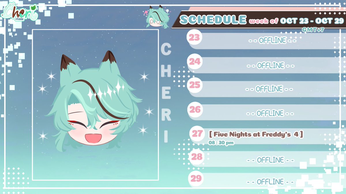 LixCheri's tweet photo. 🍫Weekly Schedule✨Oct 23 - Oct 29❄️
ไว้เจอกันวันศุกร์นะะ
-- TAGS --
General :#Cherilix
Live: #Che_Live
Art : #ChelixFA
-------------------
#VtuberTH https://t.co/kzuMxdRUN2