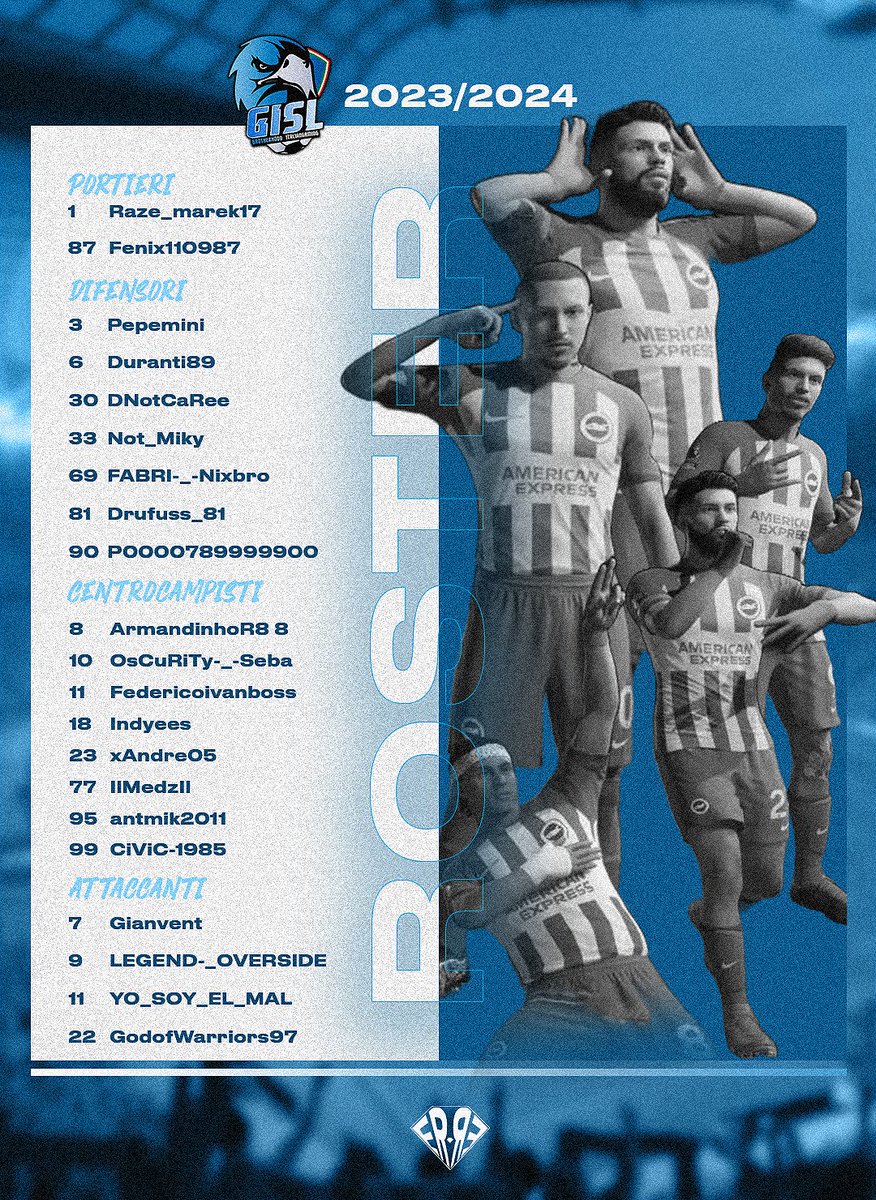 ROSTER UFFICIALE

Pronti per questo nuovo anno di competizioni.

Un gruppo una famiglia!!
Forza ragazzi💙🤍

<a href="/VPGItaly/">Virtual Pro Gaming Italy 🇮🇹</a> <a href="/VPLItaly/">VPL Italy 🇮🇹</a> <a href="/LNDEsport1/">LND Esport</a> <a href="/SoccerLeaguepro/">SoccerLeague Proclub</a>
<a href="/erre_design/">ErreDesign</a> 🎨
