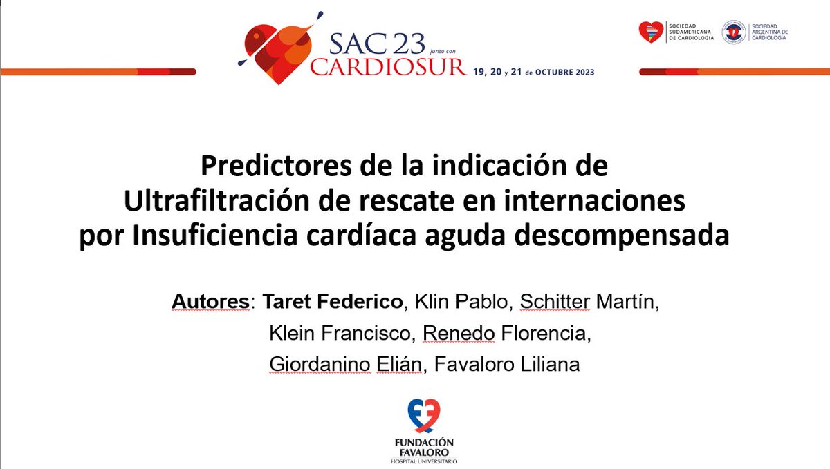 ResiCardioHuff's tweet photo. Gran presentacion de nuestro R4 Federico Taret acerca de los predictores de ultrafiltración en pacientes con IC.

Para resaltar el predictor de mayor peso fue la creatinina >2 mg/dl al ingreso.

La necesidad de UF de rescate es un predictor INDEPENDIENTE de mortalidad.
#SAC23 https://t.co/HTiEhZm8Y3