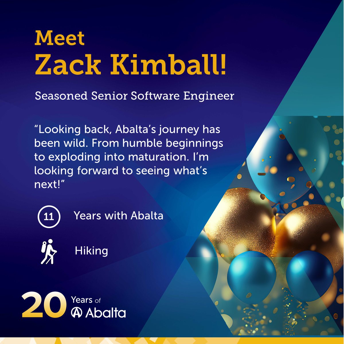 abaltatech's tweet photo. Meet Zack K., our impressive Principal Software Engineer, 11 years at Abalta! 🎉 

His Abalta journey has been a diverse mix of projects and technologies, providing valuable learning experiences. 📊

Explore those shaping Abalta's future at https://t.co/tU7QCm1oIr https://t.co/PQPQn4rI75