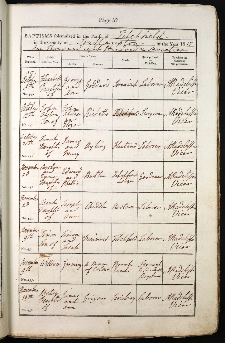 More questions than answers...This Titchfield baptism register (1817) refers to William Germany, described as ‘a man of colour’ and ‘servant’. 
Where was he born, what had his life been like prior to this time, was this the name he’d always been known by?(37M73PR8) #BHM