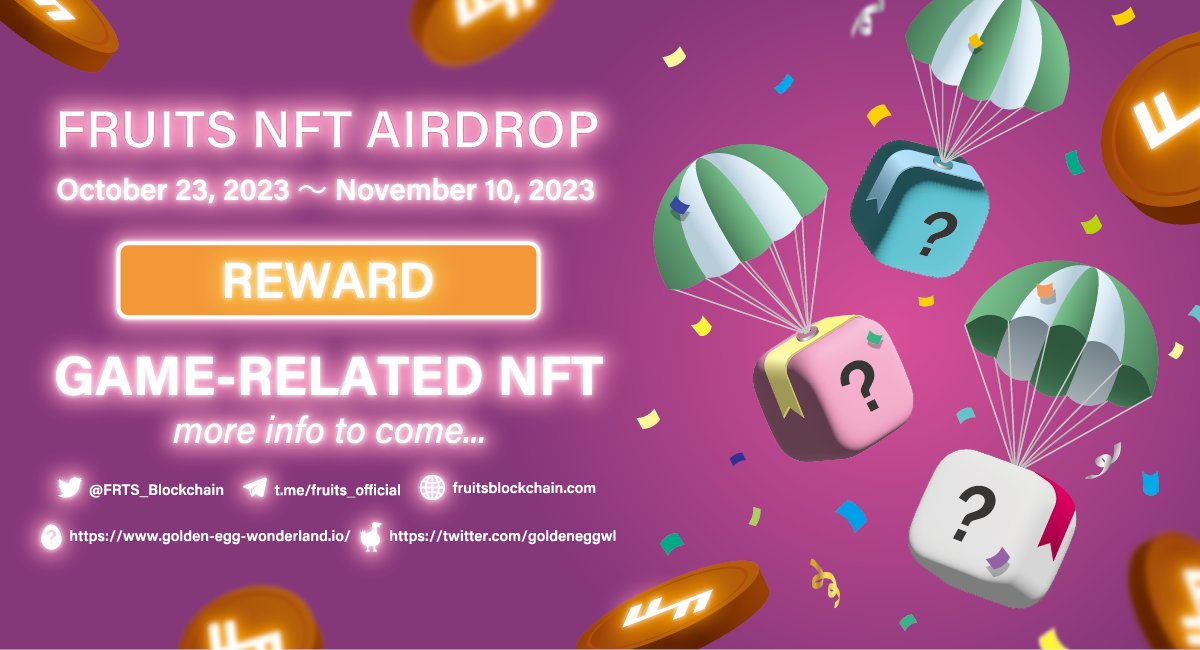 FRTS_Blockchain's tweet photo. 🔥NFT Airdrop🔥

Official NFT Airdrop is now live!🎉

💵Reward: A mystery item for @GoldenEggWL

⏱️Start Date: Oct. 23, 2023
⏱️End Date: Nov. 10, 2023

Follow the instructions to participate!👇
🌐https://t.co/2AVRYHpSFf

#NFTGiveaway #BCG #BlockchainGaming #P2EGames https://t.co/oQdqK7wT5W