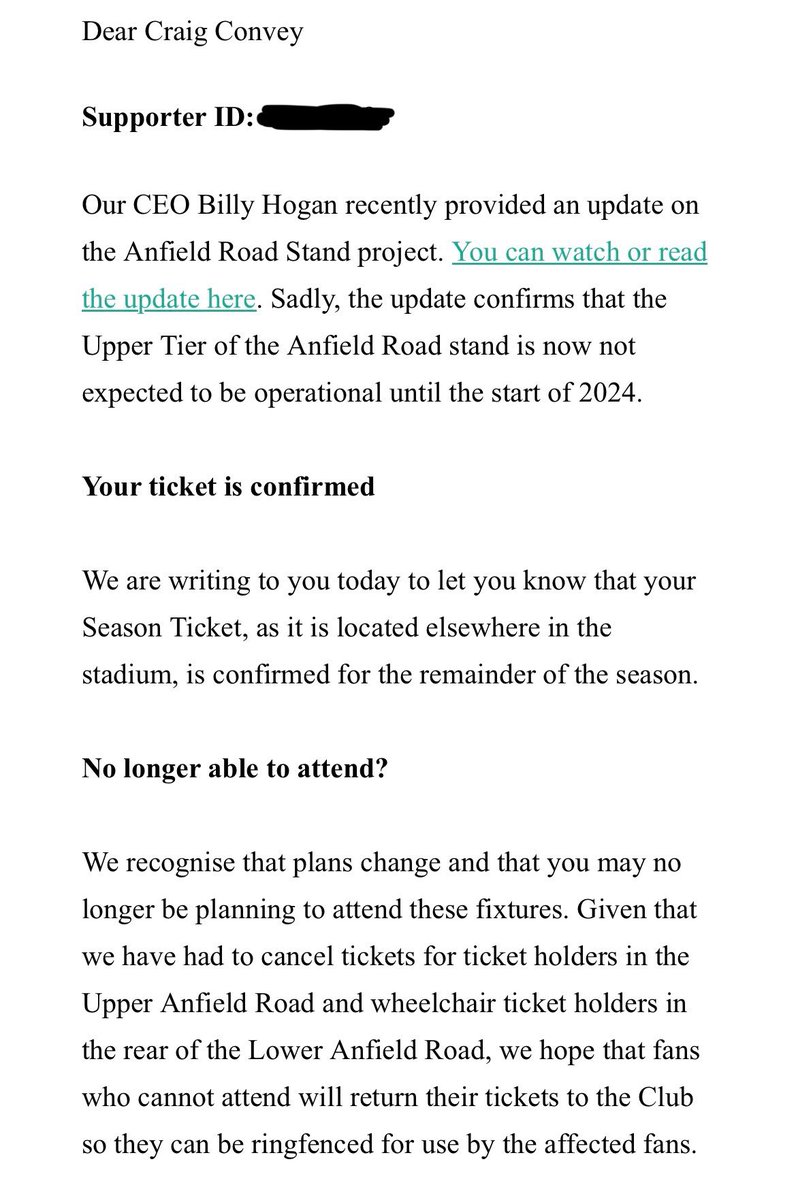 Conveyc's tweet photo. So @LFC and Billy Hogan send out an email for tickets to help those that are impacted by the Anfield Road Stand mess
I oblige as I could not go to the @Everton game only to find out they didn’t sell my ticket and it went unused
I’d sooner have given it away
#wontbedoingthatagain https://t.co/PyjGMQTQ9f