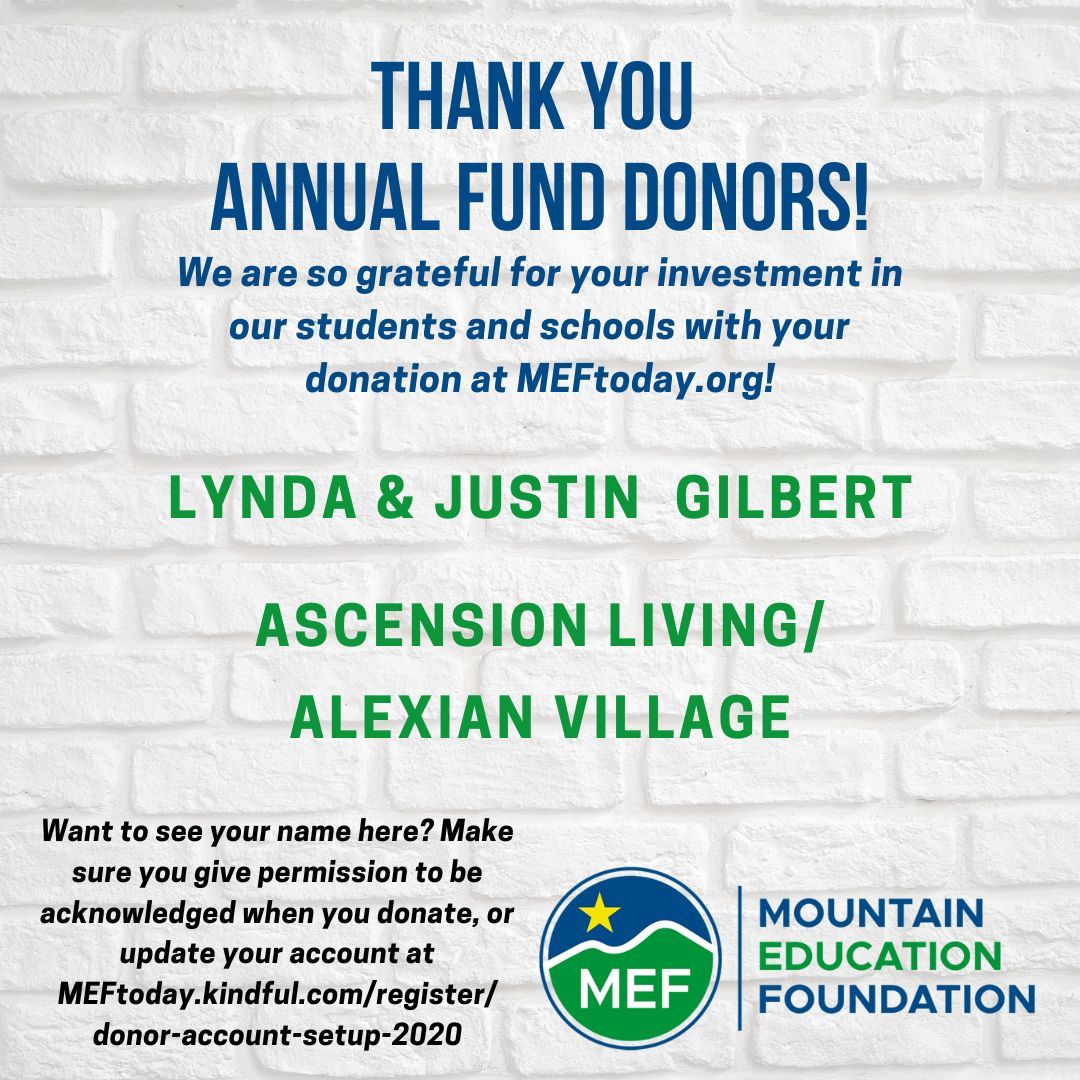 MtnEdFoundation's tweet photo. #SignalTHANKS to these RECENT donors for investing in our children with your donation at https://t.co/hAQ9Jdk7wG! With your support, #SignalDREAMS! We so appreciate ALL of our donors!
Not yet a monthly or annual donor? Engage with MEF to be a part of what sets our schools apart! https://t.co/Cj3GYh474G
