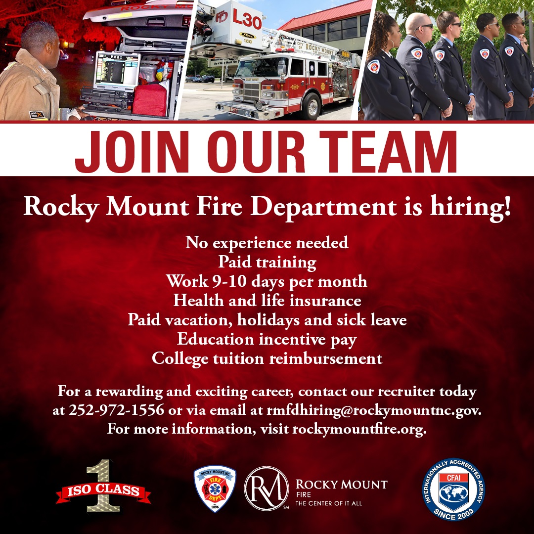 RMFD is currently accepting applications for Firefighters! An informational meeting will be held Saturday October 28th from 10am-12 noon at Headquarters, 375 E. Raleigh Blvd Rocky Mount, for those that would like to attend.

governmentjobs.com/careers/rockym…