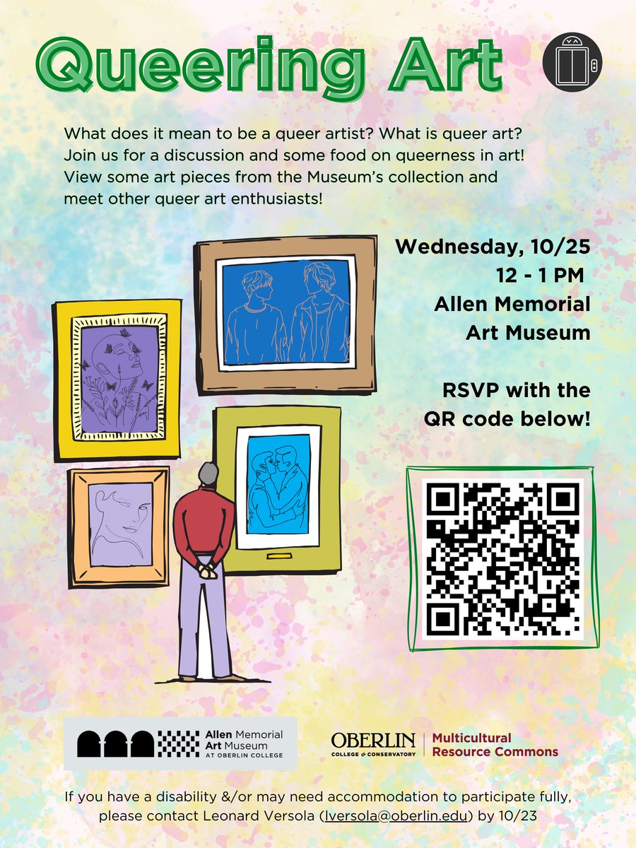OberlinMRC's tweet photo. What does it mean to be a queer artist? What is queer art? Join us for a discussion and some food on queerness in art! View some art pieces from the Museum’s collection and meet other queer art enthusiasts!

RSVP with the QR Code! https://t.co/d57rgeghRd