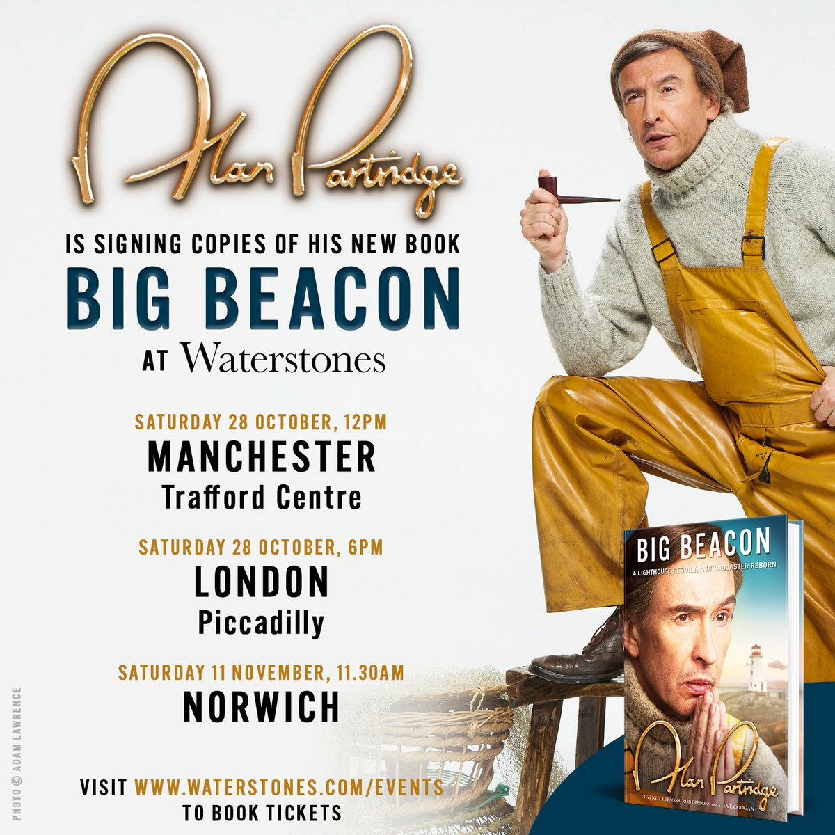 The cover design for Big Beacon features my award-winning signature rendered in gold. But if you'd like your copy signed again slightly less well, in black, while you stand and watch, come to one of the following stores, buy the book (important) and get in the queue, thank you.