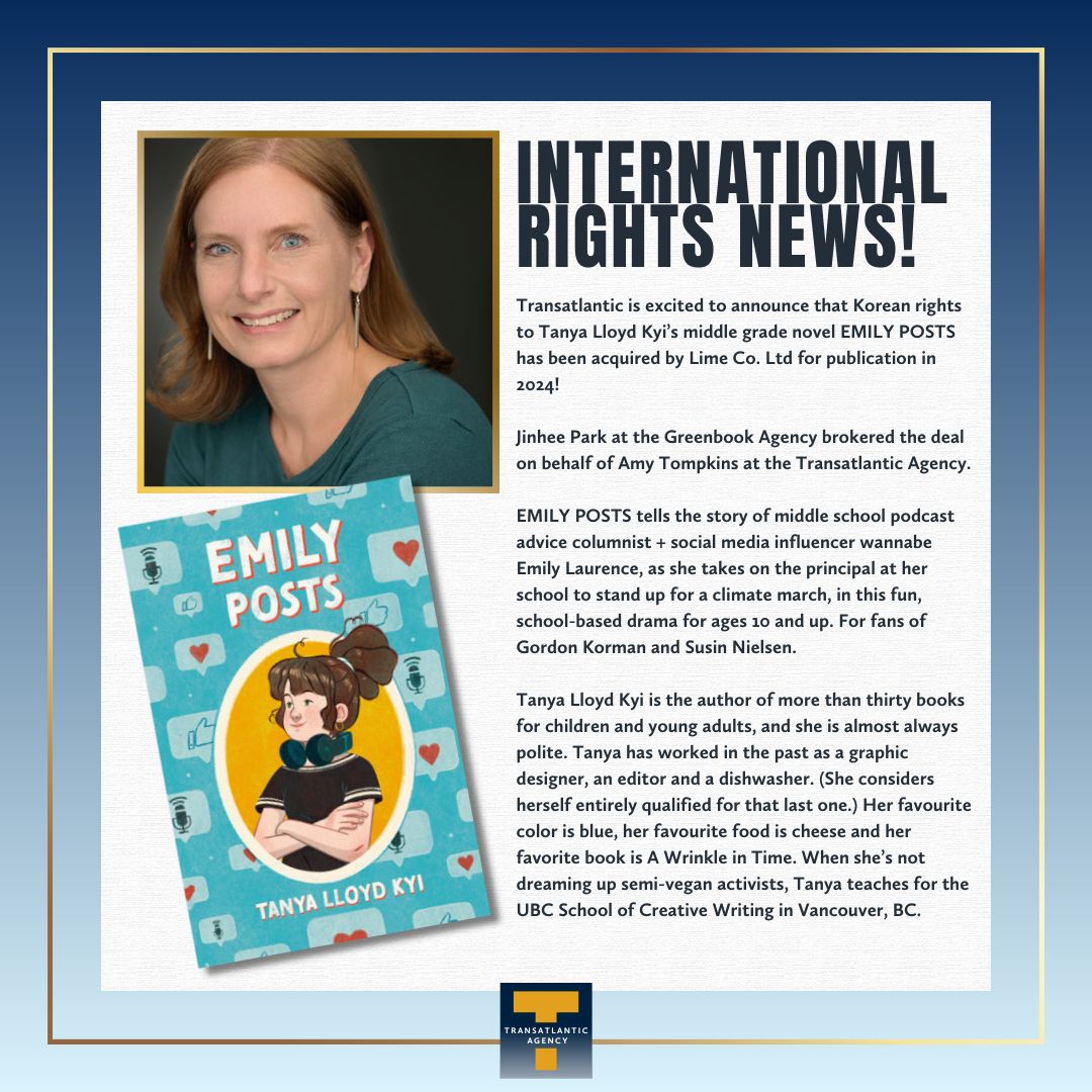 Transatlantic Agency (@translitagency) on Twitter photo Transatlantic is excited to announce that Korean rights to <a href="/tanyakyi/">Tanya Lloyd Kyi</a>βs middle grade novel EMILY POSTS has been acquired by Lime Co. Ltd for publication in 2024!
Jinhee Park at the Greenbook Agency brokered the deal on behalf of <a href="/AmyJoT2/">Amy Tompkins</a>
Learn more: bit.ly/3FwrDuR Transatlantic is excited to announce that Korean rights to <a href="/tanyakyi/">Tanya Lloyd Kyi</a>βs middle grade novel EMILY POSTS has been acquired by Lime Co. Ltd for publication in 2024!
Jinhee Park at the Greenbook Agency brokered the deal on behalf of <a href="/AmyJoT2/">Amy Tompkins</a>
Learn more: bit.ly/3FwrDuR