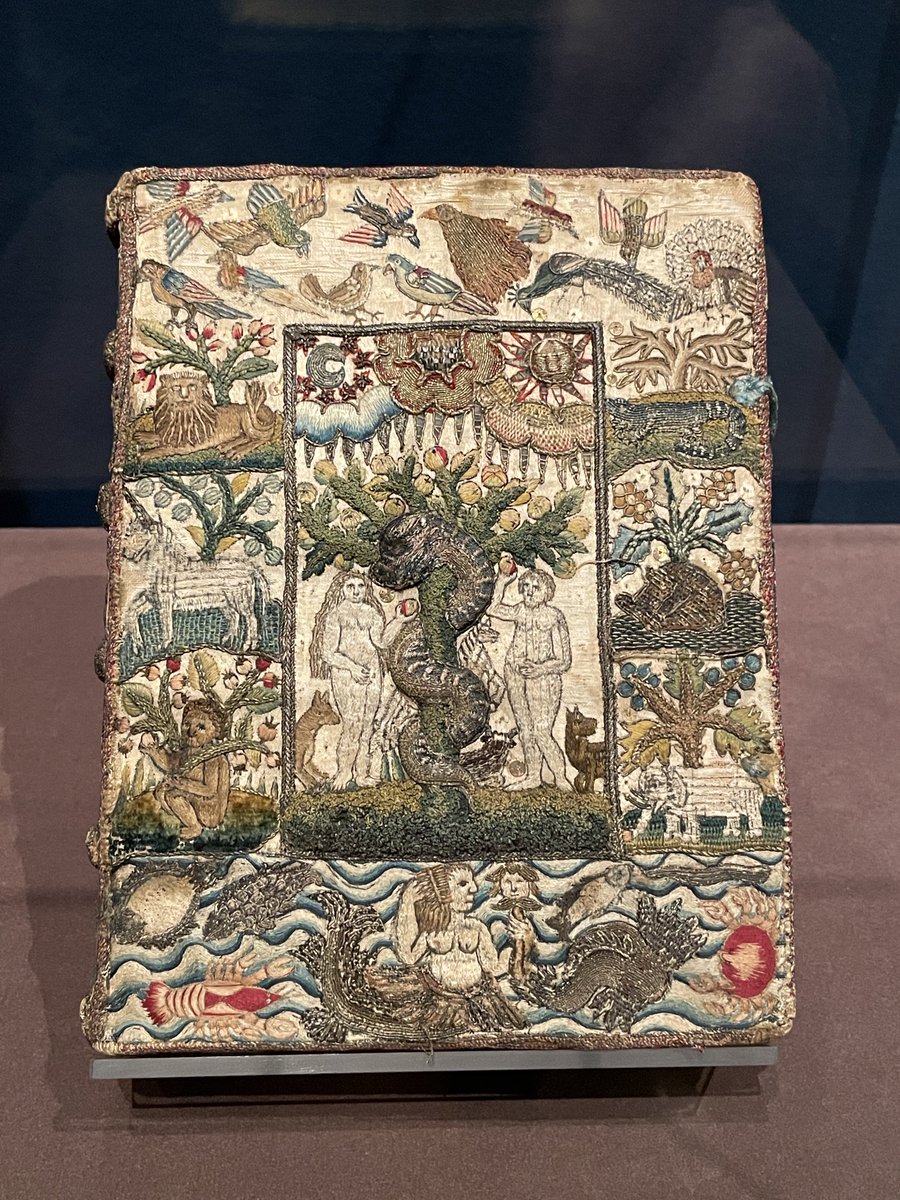 WhiteMicheline's tweet photo. Geneva Bible (1639); embroidered binding by Anne Cornwallis Leigh ca 1640. Super-sized serpent (!) and Adam getting his own apple all by himself ! PML 17197.1 https://t.co/JIQBLUBQxt
