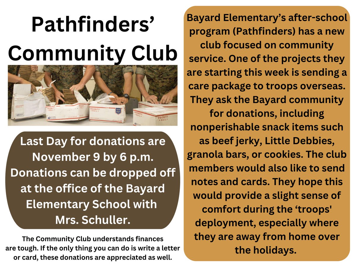 BayardTigers's tweet photo. The Pathfinders' Club is assembling a care package for overseas troops and is asking for nonperishable snack items for this package and notes or cards for the holidays. This is to help give troops a sense of comfort during their time of deployment. We hope you can help out! https://t.co/rOURruGbkK