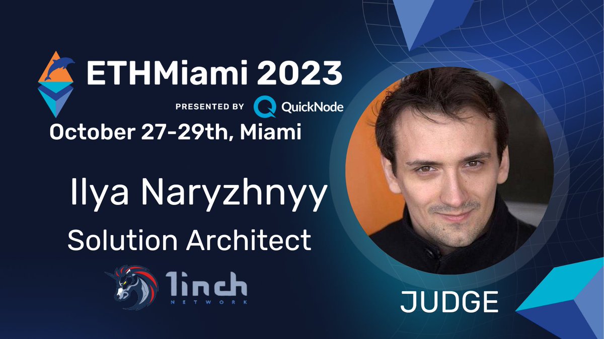 EthMiami's tweet photo. Join us in welcoming @dreamerdh, the mastermind Solution Architect at @1inch, to our @ETHMiami Hackathon judging panel! With an exceptional understanding of blockchain solutions, Ilya is here to nurture the next wave of innovation. #ETHMiami #HackathonJudge https://t.co/YibYDh6Wo0