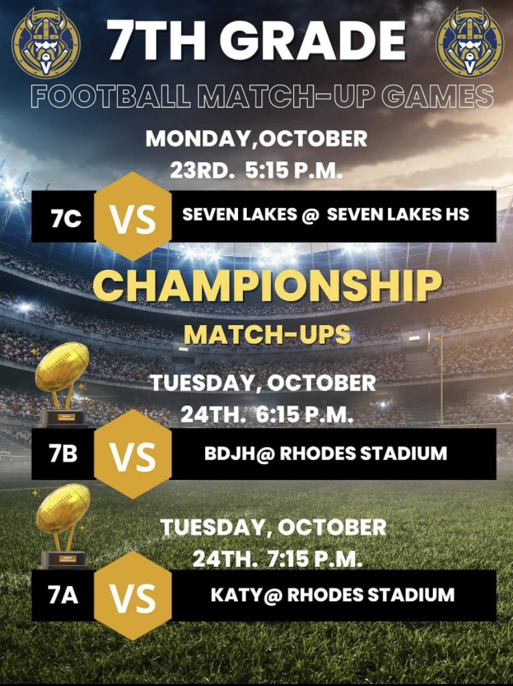 Come out and support our Vikings tonight in their season finale. Our 8A will be playing McMeans at MCHS and our 7C will be playing Seven Lakes at SLHS. 

Go Vikings🏈!! Finish Strong. #TVW <a href="/AdamsVikings/">Adams Junior High</a> <a href="/AdamsAth_girls/">Adams JH Girls Athletics</a> <a href="/JordanHSAthlet1/">JordanHSAthletics</a> <a href="/JHSWarriors_FB/">Katy Jordan Football</a>