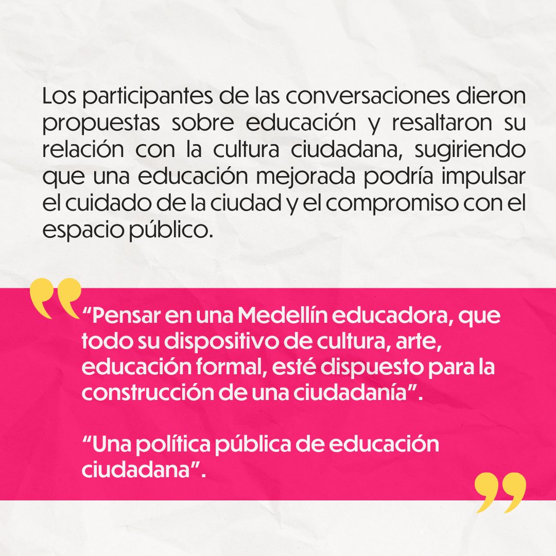 hablemosco's tweet photo. Educación y cultura ciudadana: una fórmula poderosa. 
En las conversaciones de #HablemosMedellín, se destacó cómo una mejor educación puede ser la clave para un mayor cuidado de nuestra ciudad y un compromiso sólido con el espacio público.  

https://t.co/mqFIc5809D https://t.co/Ljq68bqzye