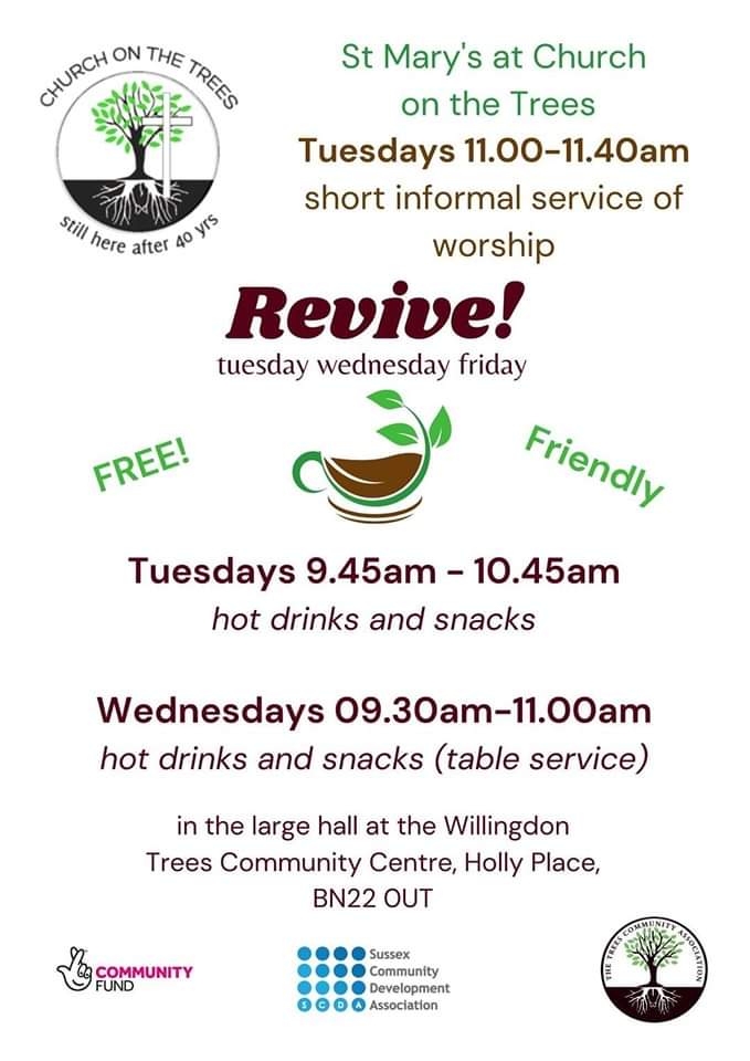 Willingdon_Tree's tweet photo. Join us for Revive! A free community cafe with free hot drinks and snacks.
Tuesdays 9:45am - 10:45am
Wednesdays 9:30am - 11am

There will also be a short informal service of worship on Tuesdays 11-11:40am https://t.co/di7I2x2AgC