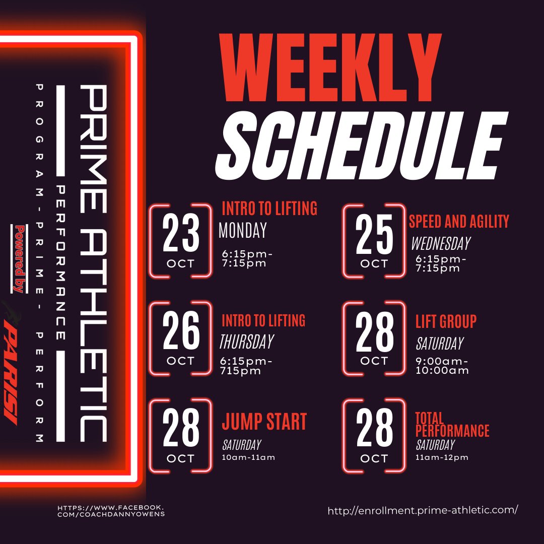 PrimeAthleticOK's tweet photo. This week's group training schedule!!! Don't forget there is one week left for our Winter off season special 3 months All Access Pass for $540!!! https://t.co/6PN0NZFkC9
#primeathleticok #parisispeedschool #traintowin #speedandagility #sportsperformancecoach https://t.co/M5fQ8FNYJp