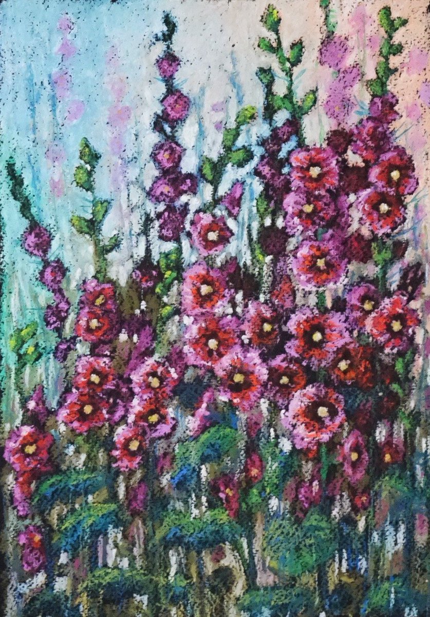 Hollyhocks are popular garden ornamental plants. They are easily grown from seed. Breeds with red flowers attract hummingbirds and butterflies.
My painting is available here...
theweeowlstudio.etsy.com/listing/103647… 
#flowers #hollyhocks #GardenFlowers #OilPastel