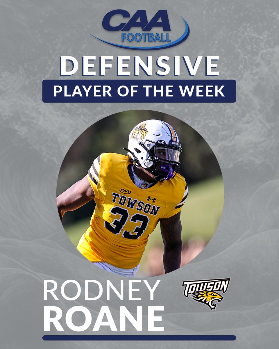 🏈 #CAAFB Defensive Player of the Week Rodney Roane recorded a pair of sacks, forced a fumble and had a QB hurry in the fourth quarter of @Towson_FB's 34-24 road win at #12 William & Mary 📰 bit.ly/3QsSBd7