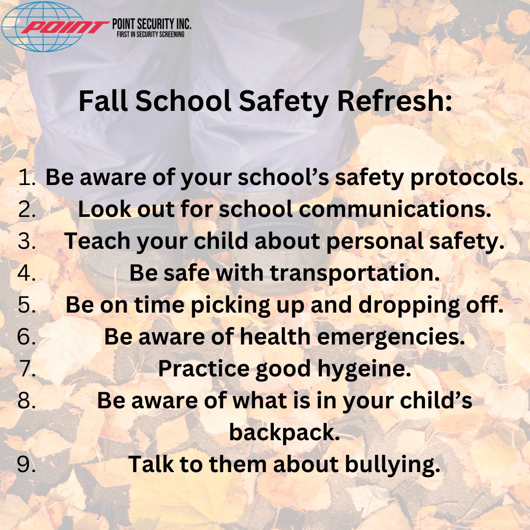 Happy Monday!

A quick fall school safety refresh for all the parents!

We hope you are having a wonderful school year so far!

#makeourschoolssafe #schoolsafetypatrol #schoolsafetyofficer #safenow #securitydoor #checkpointsystems #schoolsecurity #schoolsecuritysolutions