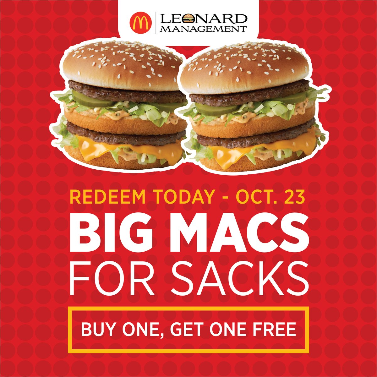 Celebrate the Huskers sack last Saturday with BOGO Big Macs® today! 🍔🏈 Go Big Red! ❤️

Find participating locations in Omaha, Norfolk, Fremont, Wayne, Blair, and O'Neill ➡️ bit.ly/3uhTDMr.