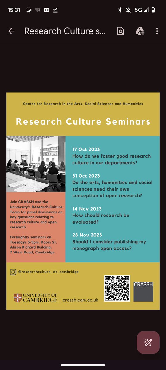 kmdawson8's tweet photo. Next CRASSH / research culture seminar Tues 31st October! Do the Arts, Social Sciences and Humanities need their own conception of open research? Sign up at: https://t.co/SiDWLKoZ65
#universityofcambridge #researchculture #seminarseries #CRASSH https://t.co/2B7VDlb6oE