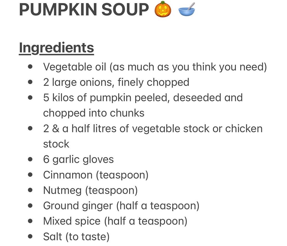 KTCityFarm's tweet image. 🥣 ITS PUMPKIN SEASON 🎃 
We have 25 gourdgeous pumpkins for sale!!!! £1 per kilo ⚖️
Perfect for carving &amp;amp; cooking!!! 
Please see a member of staff to purchase a 🎃 On Tuesday we made a lovely warming pumpkin soup with 6 students. Recipe attached 
🧡