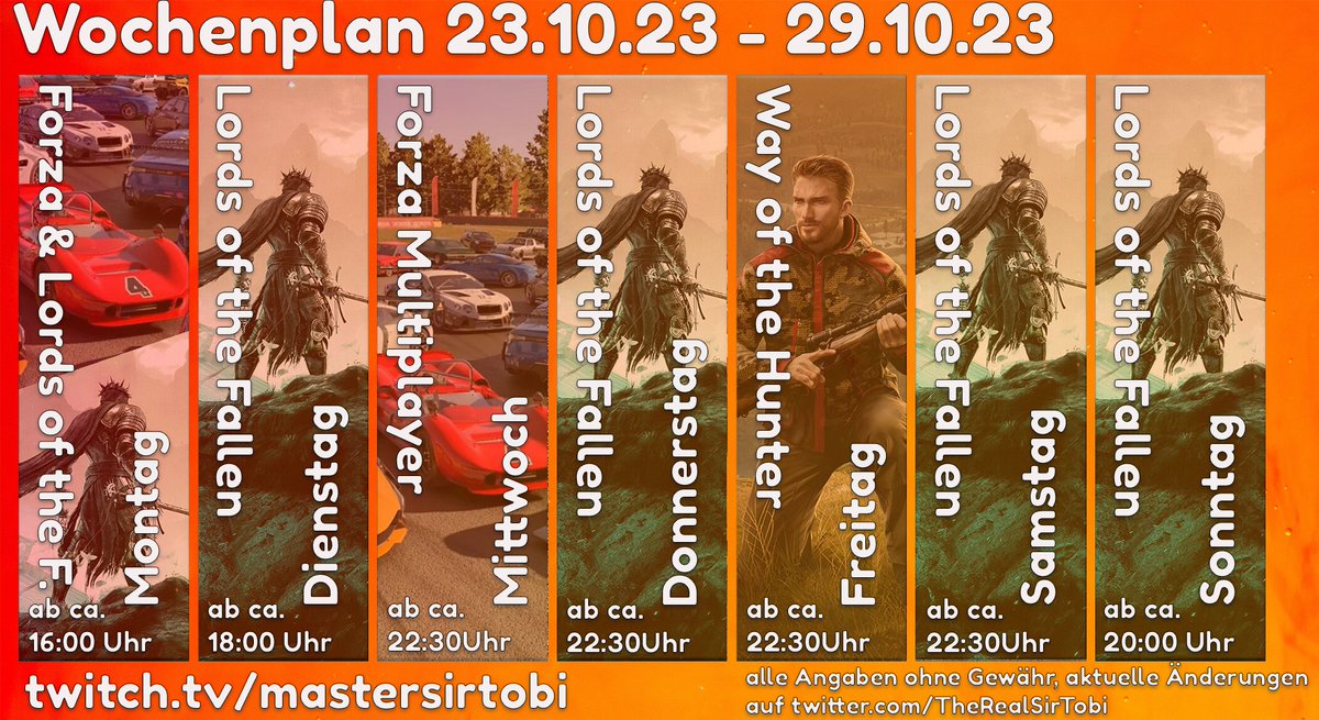 TheRealSirTobi's tweet photo. Neue Woche, neuer Wochenplan. Diese Woche ne Menge #LordsoftheFallen . Ich wage mich in den #ForzaMotorsport -Multiplayer und gehe ein wenig auf die Pirsch in #WayoftheHunter. 

Alles live auf:https://t.co/iHJdbbTGl1 https://t.co/0VT4BDkbfj