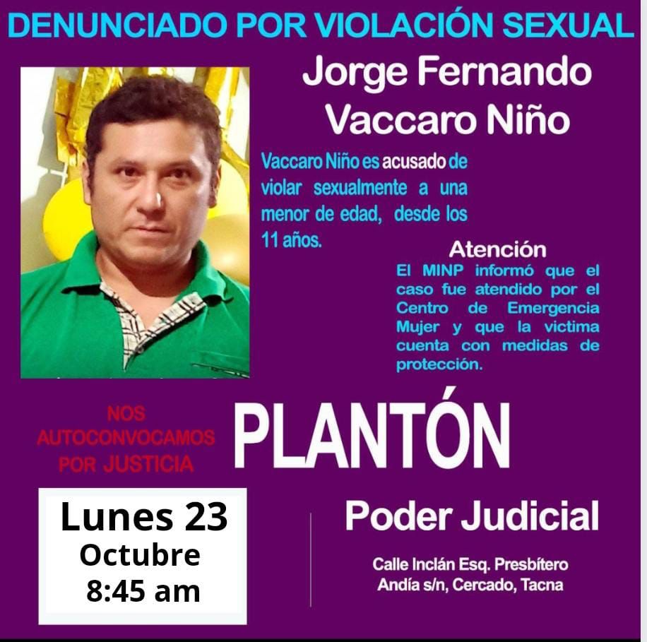 un4chelit4's tweet photo. 🚨ALERTA! Jorge Vaccaro, acusado de violar sistemáticamente a su hijastra, pese a las pruebas y pericias realizadas, sigue libre. 
La vida de la niña se encuentra en peligro.
@Minsa_Peru
#JusticiaParaLaNiñaDeTacna
#JorgeVaccaroViolador
#PrisiónPreventivaYa
#PoderJudicialComplice https://t.co/Fy3vJAiKst