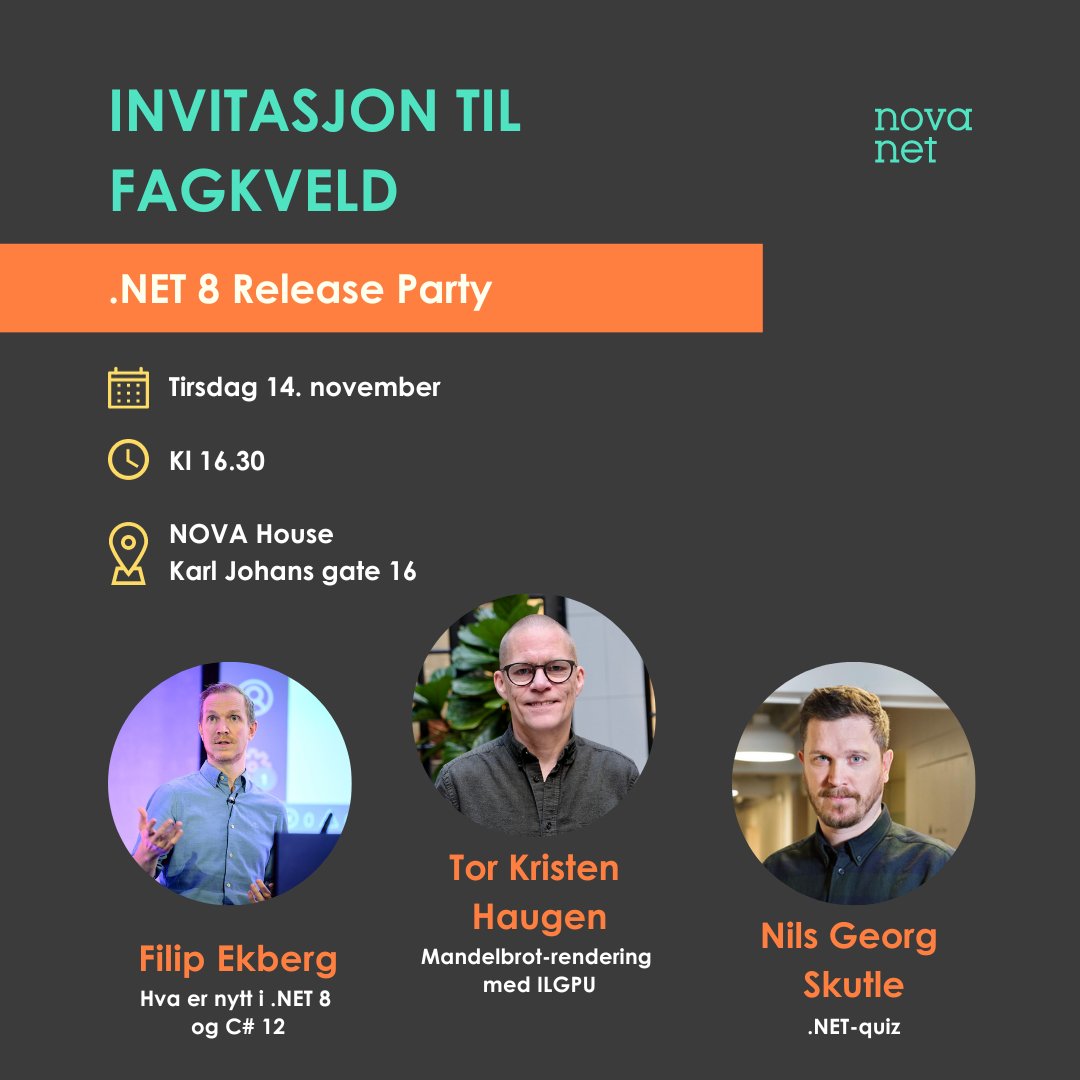 Bli med oss og <a href="/NNUGOslo/">NNUG Oslo</a> den 14. november når vi feirer lanseringen av .NET 8! 🥳 Blant annet er <a href="/fekberg/">Filip Ekberg</a> invitert til å ta oss gjennom de mest spennende nyhetene i .NET 8 og C# 12 🎉 Les mer om programmet og meld deg på ⬇️ novanet.no/fagkveld 
#fagkveld #dotnet #novanet