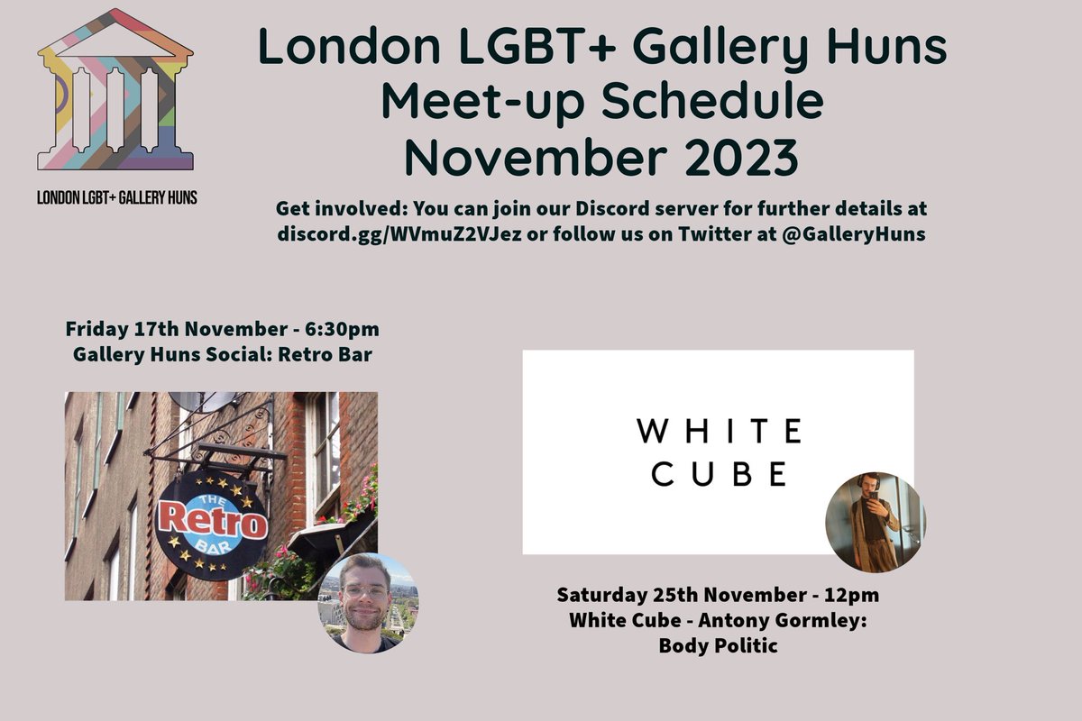 GalleryHuns's tweet photo. NOVEMBER MEET-UP SCHEDULE 

Further information will be posted in our Discord channel - a great place to buddy up beforehand ☺️

If you have any questions then please don't hesitate to DM me. Everyone is welcome! 

https://t.co/HcpZC2kLXz https://t.co/71Z6nNfJfm