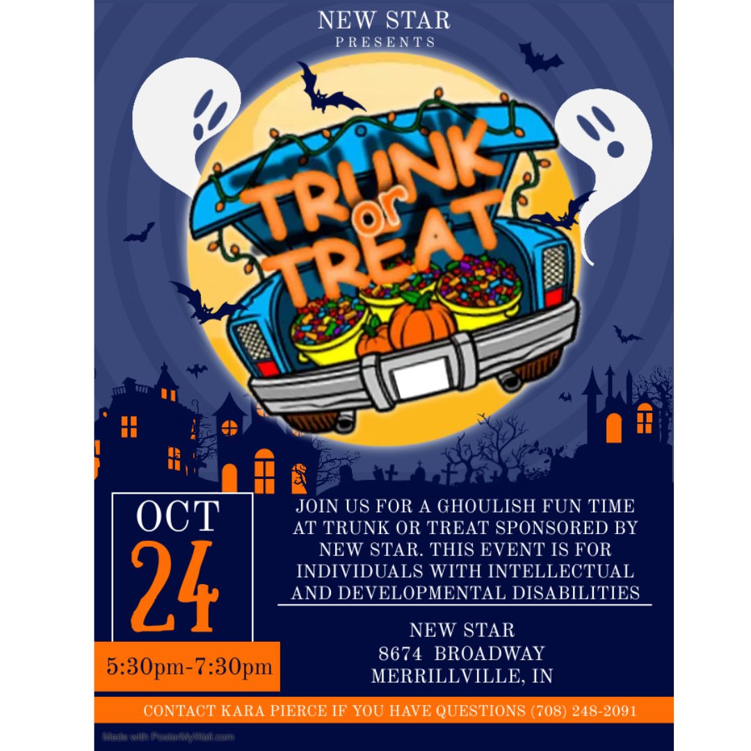 SertomaStar's tweet photo. Mark your calendars! Trunk or Treat is October 24 from 5:30 to 7:30 p.m. at the Merrillville office. This event is for individuals with intellectual/developmental disabilities. 

Contact Kara Pierce at 708-248-2091 for questions.

#ChallengingLimitsChangingLives https://t.co/fkFb427Un5