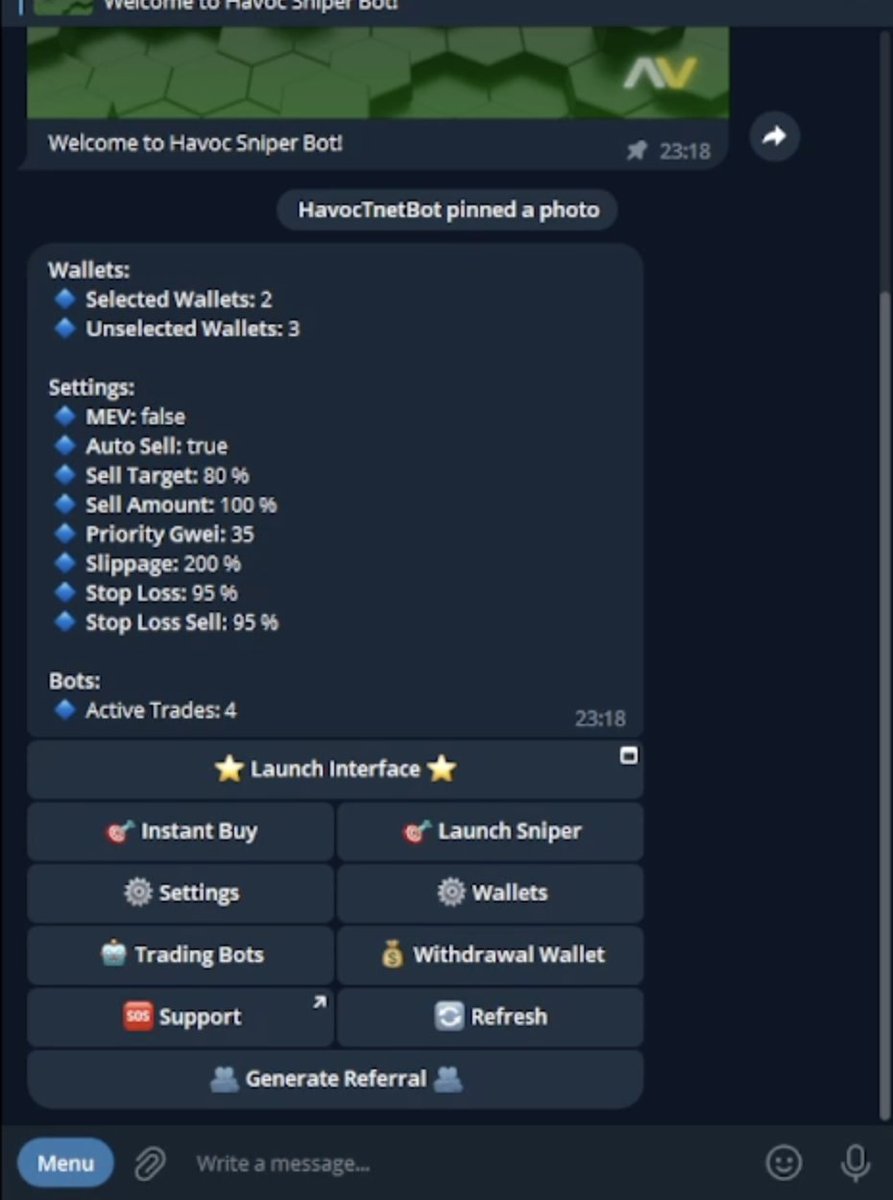 havocrip_'s tweet photo. The $HAVOC Community on Telegram has had the opportunity to test the Havoc Bot, and so far has had fantastic reviews, and we asked for feedback and features they wanted added.

So far we have:
- added error if you enter an invalid address for referral link generation https://t.co/5sFuw9l8SQ