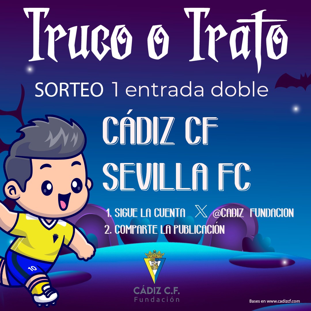Cadiz_Fundacion's tweet photo. 🎃 #TrucoTrato

🎟️ ¡SORTEO DE 2 ENTRADAS para el #CádizSevilla ⚽️!

➕ Seguir a @Cadiz_Fundacion 
🔃 RT el post

👻 ¡El viernes los ganadores, a participar! https://t.co/e0o4TSuxj8