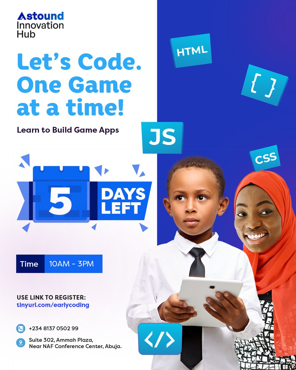 5 MORE DAYS TO OUR WEEKEND CODING CAMP!
Don't miss out on this!
Sign up here: tinyurl.com/earlycoding

#AstoundInnovationHub
#kidscoding