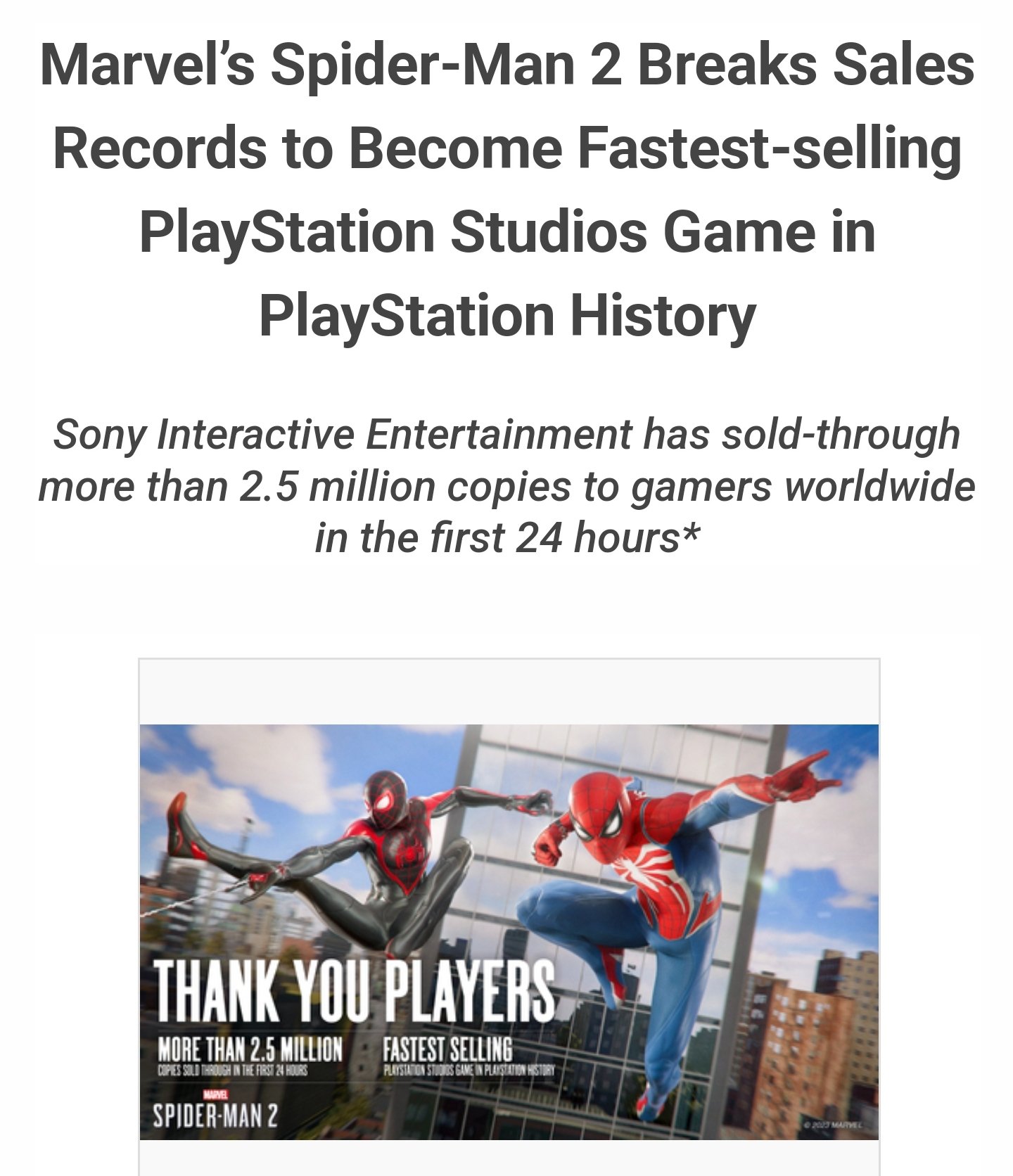 Spider-Man 2 Fastest-Selling Game In PlayStation History