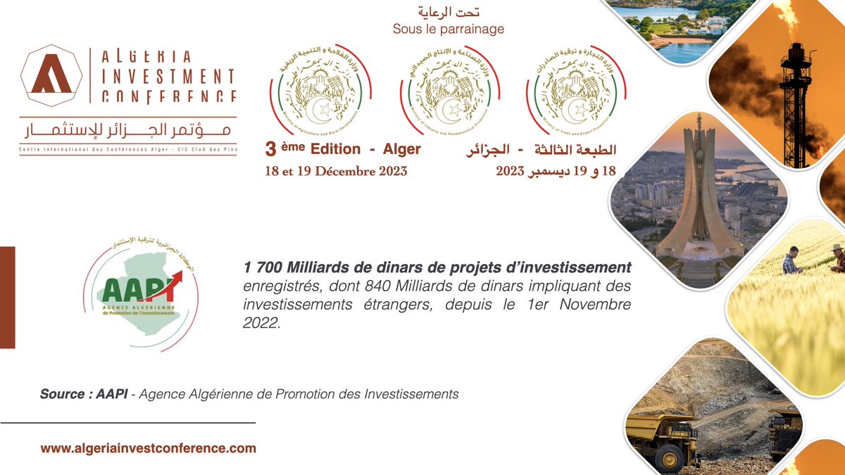 🔴 AAPI : 1 700 Milliards de dinars de projets enregistrés au niveau de l’AAPI depuis sa création et l’entrée en vigueur de la nouvelle loi sur l’investissement.

#AIC #AAPI
