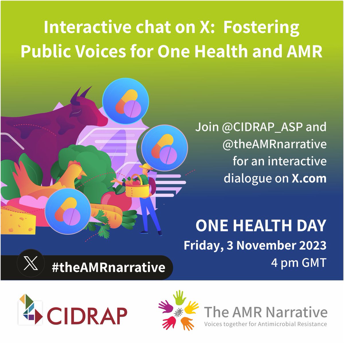 VCarterAMR's tweet image. Happening on #OneHealthDay - a dialogue on how the public could play a role in advancing the #OneHealth agenda for #AMR! 

Moderated by @theAMRnarrative and @CIDRAP_ASP with special co-host @alkhalilkouma 

To take part, use the hashtag #theAMRnarrative on 3 Nov, 4 pm GMT…