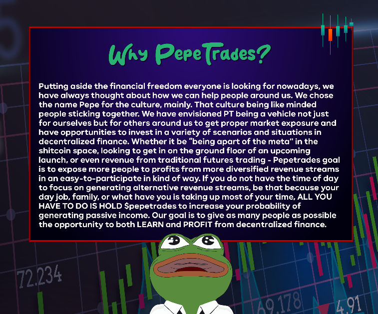 Sometimes you just have to have the right people in the right place at the right time. 
The market is turning, the treasury is in play. Its time to start showing folks what pepetrades is all about.
Wont even need to read etherscan to understand soon.
#pepetrades #defi #BULLISH