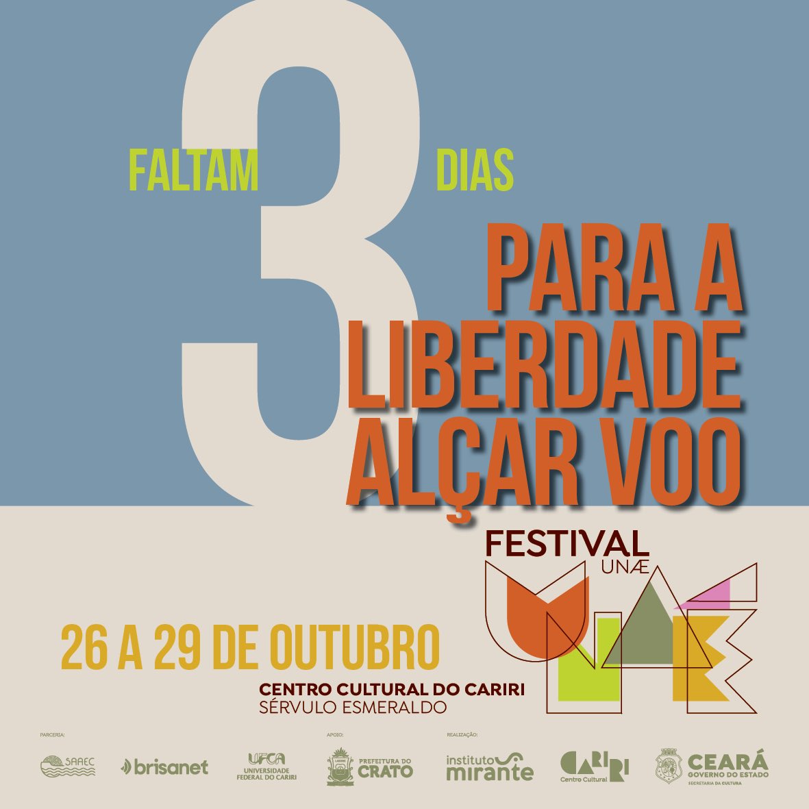 CCCariri's tweet photo. O relógio não para! ✨

Em apenas 3 dias, o Festival Unaé vai tomar conta dos nossos corações com música, artes cênicas, tradição popular, artes visuais, novas mídias, oralidades, economia criativa, saúde e bem viver. Simbora celebrar essa diversidade juntos! 💛

#FestivalUnaé https://t.co/gMB8w3VoyS