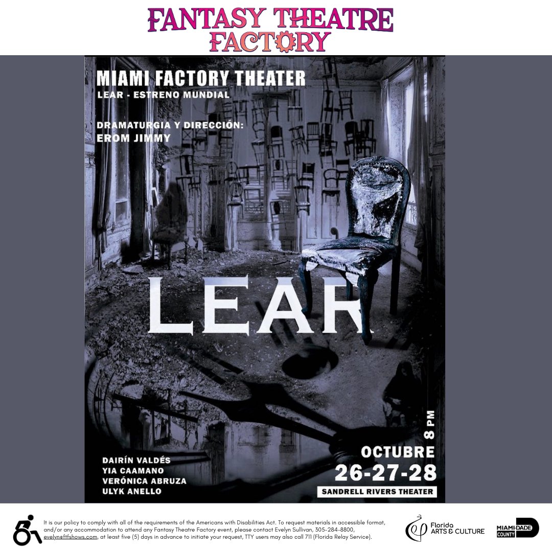 FTFShows's tweet image. Miami Factory Theater's "Lear" at Sandrell Rivers Theater, Oct 26-28. Explosive Cuban exile take on Shakespeare's "King Lear." 3 generations, one roof, passionate cast, gripping script. Dive into abandonment, identity, and cultural legacy. Don't miss it! #MiamiTheater #Lear 🎭🇨🇺